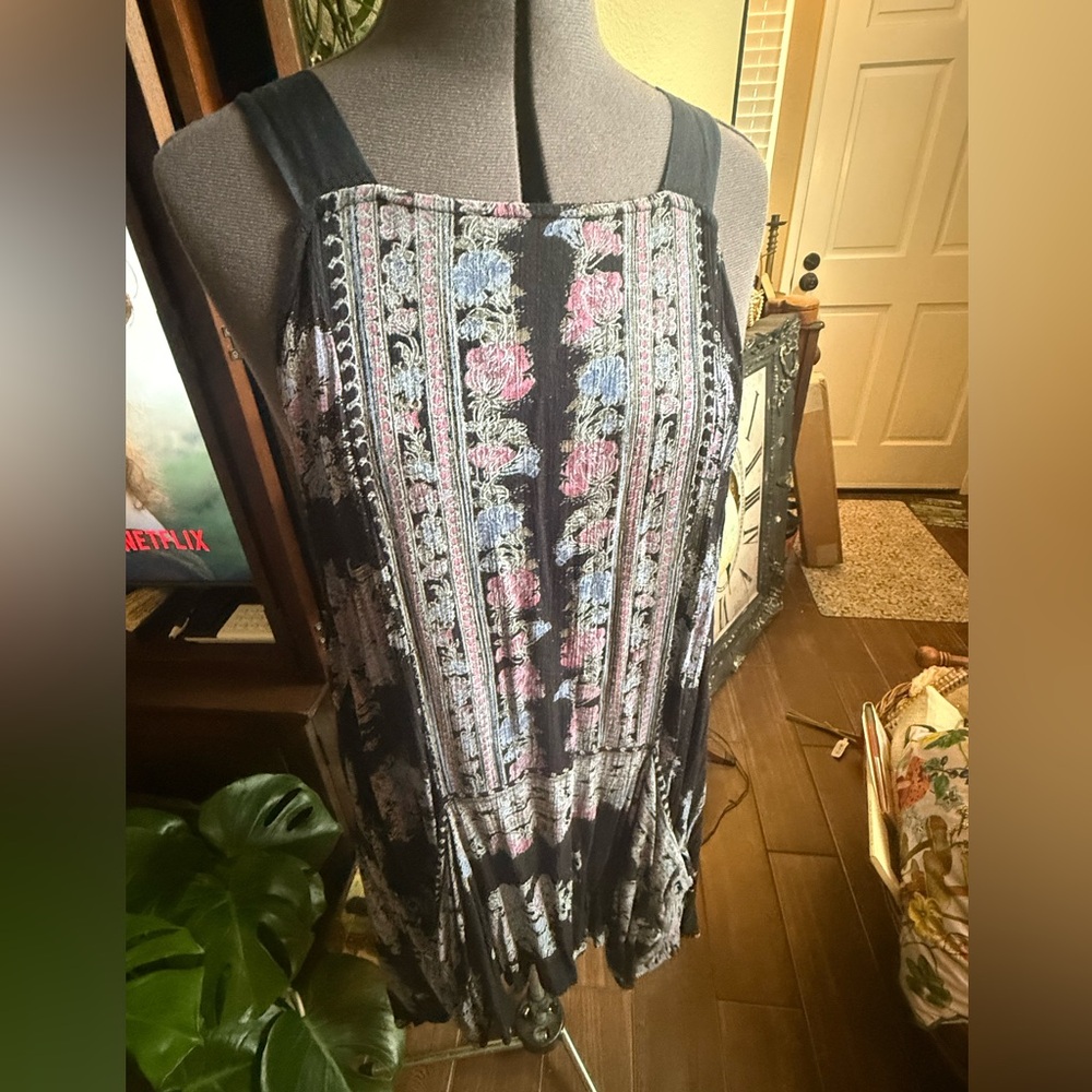 Free People Black Sleeveless Dress With Pink And Purple Florals and Vines